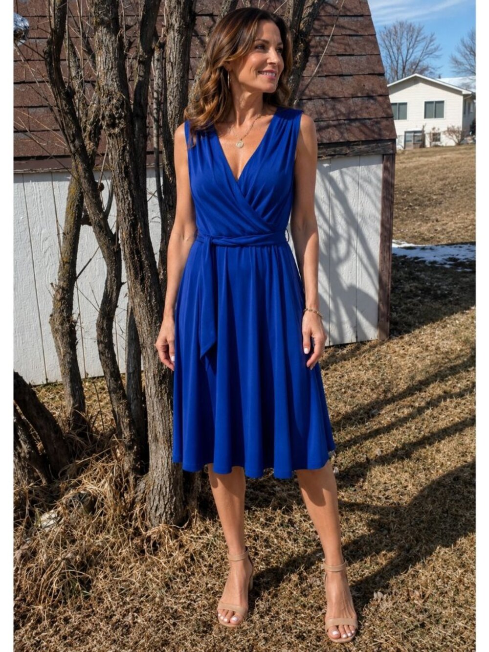 Midi Wrap Dress V-Neck Tie Waist Royal Blue A Line Jessica Howard Women Sz10
